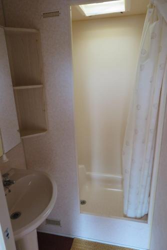 a bathroom with a shower curtain and a sink at Leśny Zakątek Radocza in Radocza