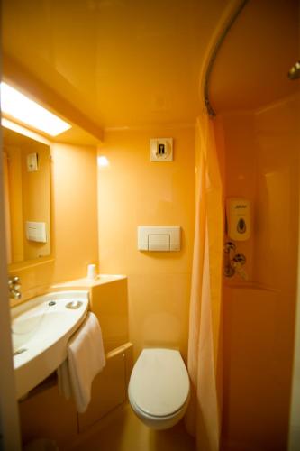 une salle de bain avec des toilettes blanches et un lavabo dans l'établissement Premiere Classe Orleans Ouest - La Chapelle St Mesmin, à La Chapelle-Saint-Mesmin