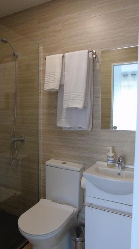 a bathroom with a toilet and a sink and towels at PENSION OVIEDO in Oviedo