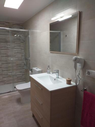 a bathroom with a sink and a toilet and a shower at Casa Do Zoqueiro in Arzúa