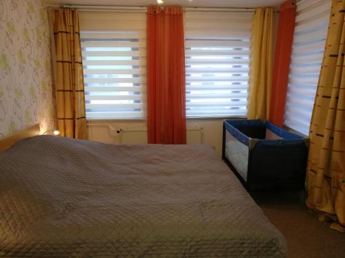 ein Schlafzimmer mit einem Bett und zwei Fenstern in der Unterkunft Ferienwohnung zum Bergmann in Annaberg-Buchholz