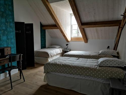 1 Schlafzimmer mit 2 Betten, einem Schreibtisch und einem Fenster in der Unterkunft Cottage AU TERMINUS 2 climatisé in Hautvillers