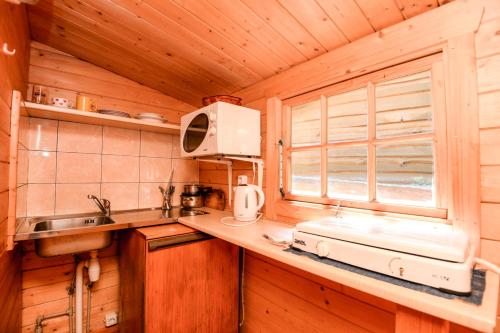 a kitchen with a sink and a window in a cabin at Vila Aura in Šventoji