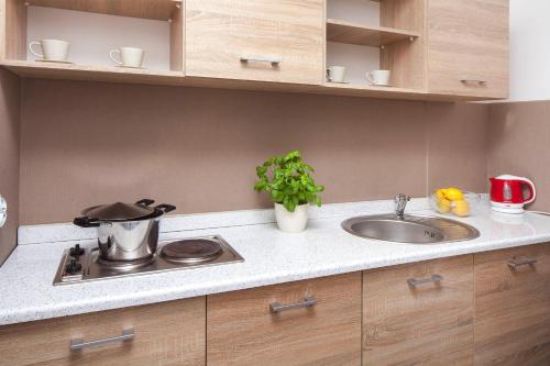 a kitchen counter with a sink and a stove at Sleepy3city with Sea View in Gdynia