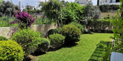 a garden with green grass and bushes and a fence at Villa Elena in Argaka in Argaka