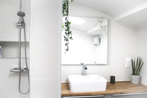 une salle de bain avec un lavabo et un miroir dans l'établissement La Charmeraie, à Marseillan