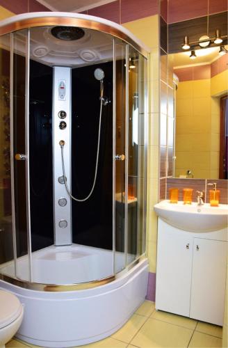 a bathroom with a shower and a sink at Ranczo u Stefana in Ustronie Morskie