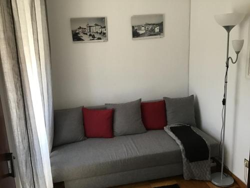 a grey couch with red pillows in a living room at Casa Cardinho - A sua casa no Alentejo in Castelo de Vide