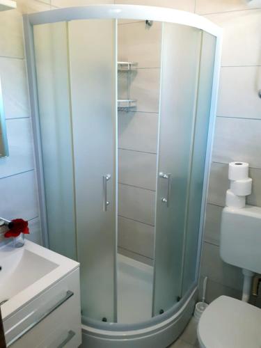 a bathroom with a shower with a toilet and a sink at Studio Apartment Sanja 4 in Neum
