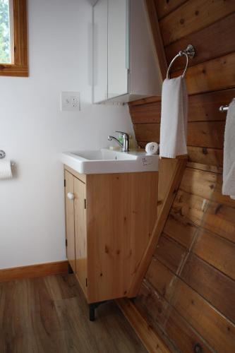 La salle de bains est pourvue d'un lavabo et d'un mur en bois. dans l'établissement Jewel Bay Resort, à Sorrento
