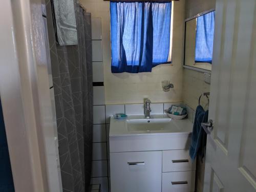 a small bathroom with a sink and a shower at Harrington Village Motel in Harrington