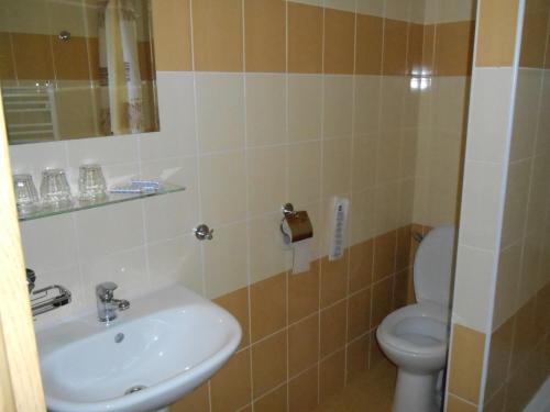 La salle de bains est pourvue d'un lavabo et de toilettes. dans l'établissement Penzión Pars, à Žilina