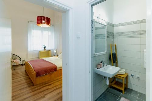 1 dormitorio con cama, lavabo y espejo en SOPHIE Apartman, en Eger