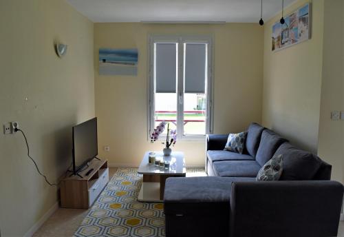 un salon avec un canapé bleu et une télévision dans l'établissement Port de plaisance, à Rochefort