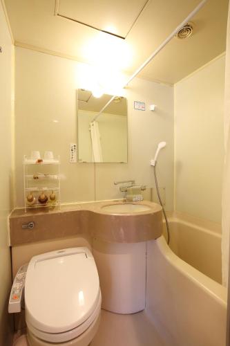 a bathroom with a toilet and a sink and a mirror at Hotel Nature Nagoya Sakae Kishu Railway Group in Nagoya