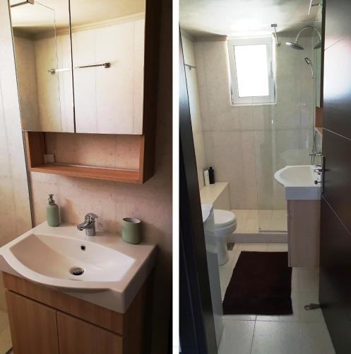 two pictures of a bathroom with a sink and a toilet at Villa Fotini I in Amalias