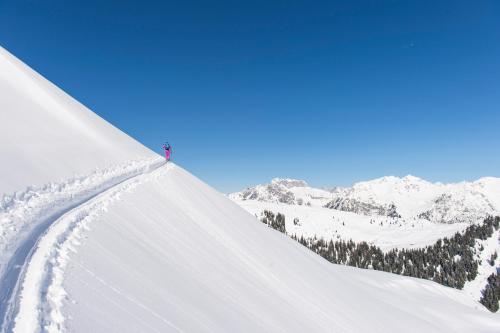 a person is standing on a snow covered slope at Woodpecker Chalets in Klösterle am Arlberg