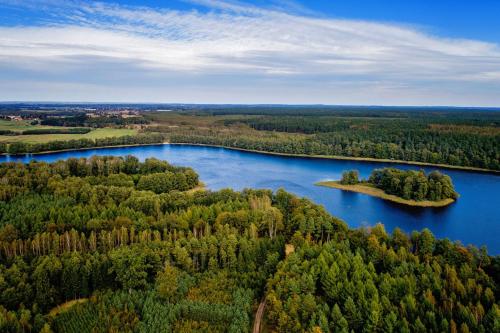 an aerial view of a lake in a forest at Winiec Family Houses in Winiec