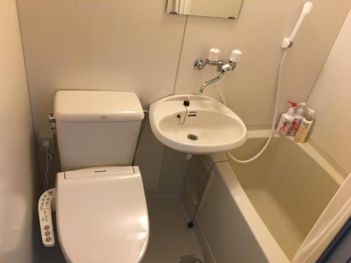 małą łazienkę z toaletą i umywalką w obiekcie コンドミニアムホテル Stay inn Blue 301号室 w mieście Hukue