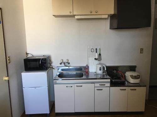 a small kitchen with a sink and a refrigerator at コンドミニアムホテル Stay inn Blue 301号室 in Hukue