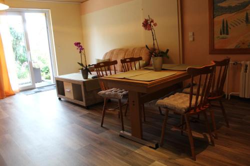 a dining room with a wooden table and chairs at Ferienwohnung im Grünen in Diesbar-Seusslitz