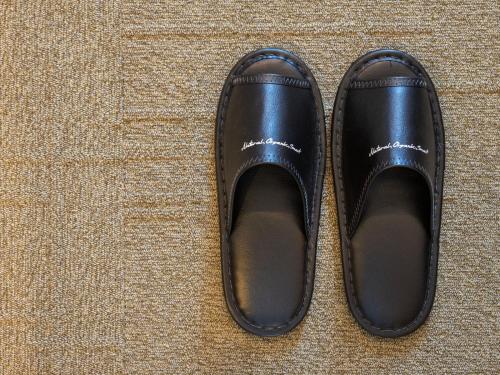 a pair of black shoes sitting on the floor at Super Hotel Kushiro-Ekimae in Kushiro