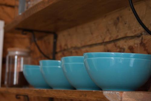 a row of blue bowls sitting on a shelf at Pihtla Village Apartment in Pihtla