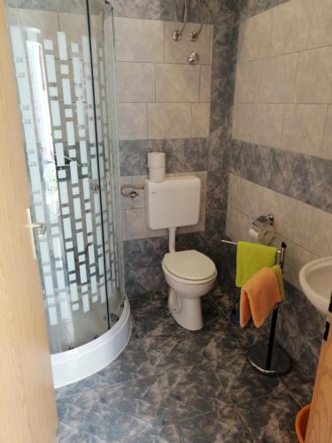 a bathroom with a toilet and a shower and a sink at Apartments Vitae in Pula