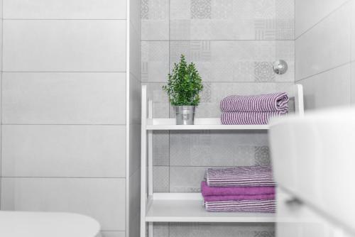 a bathroom with a shelf with towels and a plant at Apartment Tara & Ana in Pula