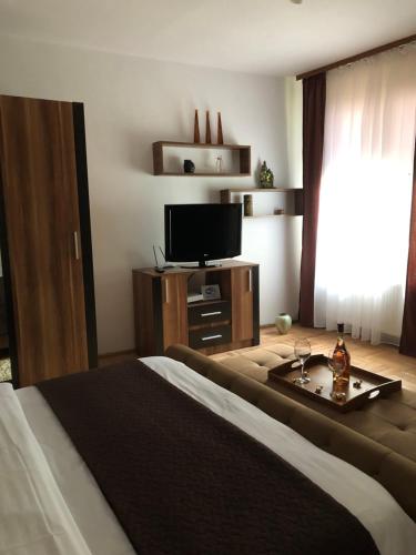 a bedroom with a bed and a flat screen tv at Xenopol Central in Sibiu