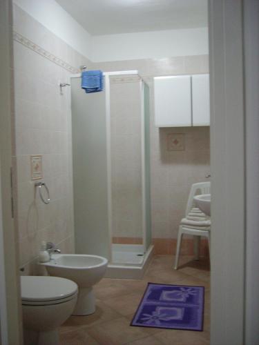a bathroom with a shower and a toilet and a sink at Villa Aurora in Tirrenia