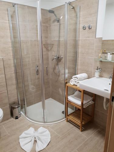 W łazience znajduje się prysznic i umywalka. w obiekcie Amalia Haus w mieście Tux