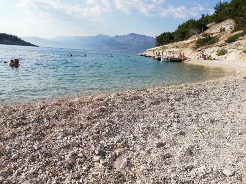 a rocky beach with people swimming in the water at Vila Maslinica in Pučišća