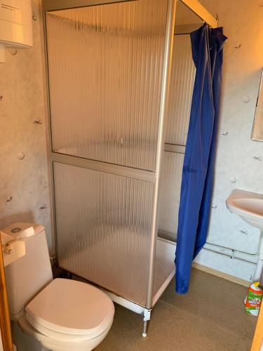 a small bathroom with a toilet and a sink at Utsiktens turistgård in Järkvitsle