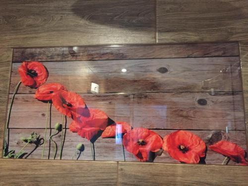 a painting of red poppies on a wooden floor at Pieninski Mak. in Szczawnica