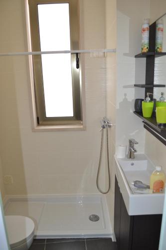 a bathroom with a shower and a sink and a toilet at Casa Madalena in Barão de São João