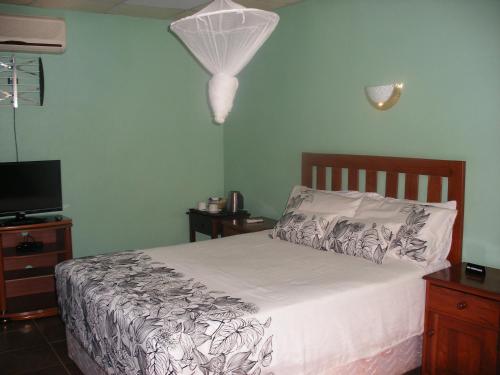 a bedroom with a bed and a television at Gloria's Bed and Breakfast in Livingstone