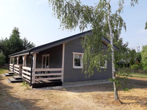 una casa gris con un árbol delante en Domki Kacprowy w Lipnicy en Lipnica