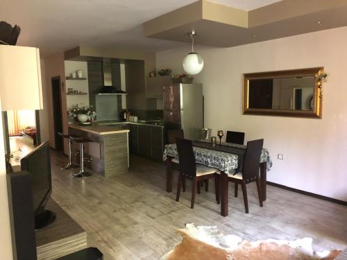 a kitchen and dining room with a table and chairs at Апартамент Мегилукс in Blagoevgrad