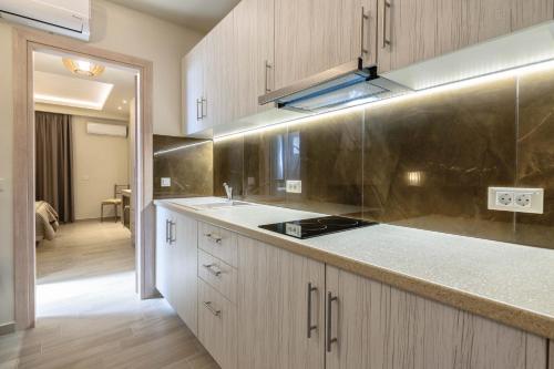 a kitchen with wooden cabinets and a counter top at Villa Regina in Keri