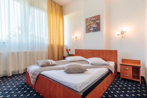 um quarto com uma cama grande e uma janela em Motel Blue River Calimanesti em Călimăneşti