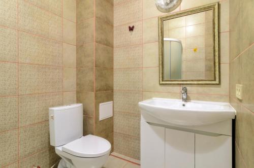 een badkamer met een toilet, een wastafel en een spiegel bij Rest Home in Sumy