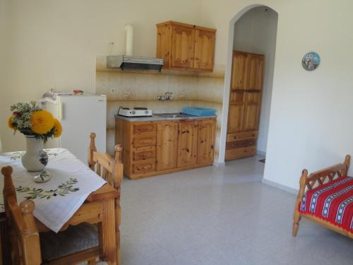 a kitchen with a table and a refrigerator at Studios Calvinos in Marathokampos