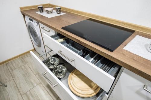 a kitchen with a washer and dryer under a counter at Guesthouse Urša in Preddvor