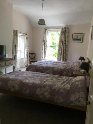 a bedroom with two beds and a window at Ballydivity House in Ballymoney