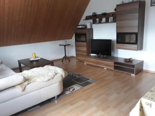 ein Wohnzimmer mit einem weißen Sofa und einem Flachbild-TV in der Unterkunft Wanderunterkunft bei Spindler in Frauenwald