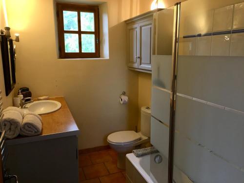 une salle de bain avec un lavabo et des toilettes et une fenêtre dans l'établissement Le Jas du Mont Ventoux, à Sault