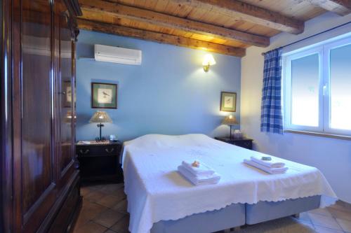 a blue bedroom with a bed and a window at STONE ROSE VILLA in Agios Ioannis
