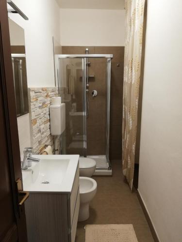 a bathroom with a shower and a toilet and a sink at Appartamento Collini in Spiazzo