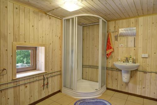 a bathroom with a shower and a sink at Świerkowe Zacisze Domki in Budzów